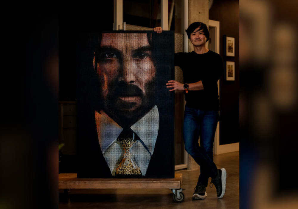 Local artist unveils ‘John Wick’ portrait made from 11,111 nails in downtown Victoria