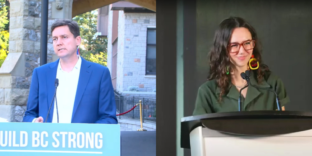 BC NDP leader David Eby on the left and BC Green Party leader Emily Lowan on the right